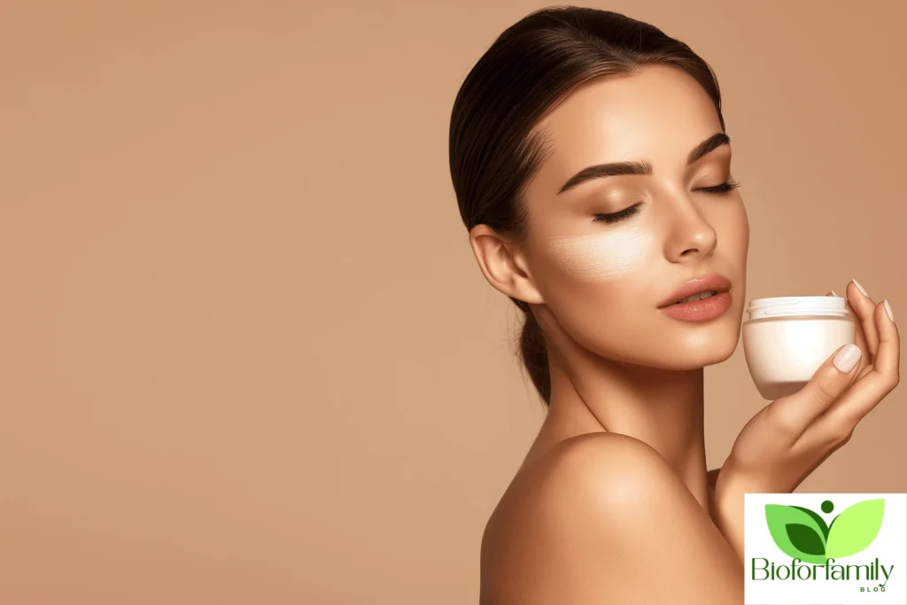 A woman with glowing skin applying a skincare cream,