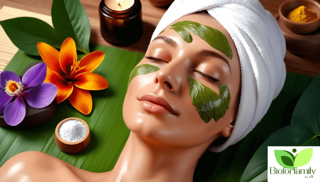 A woman enjoying a relaxing herbal facial treatment, symbolizing natural skincare with the best body oil for mature skin