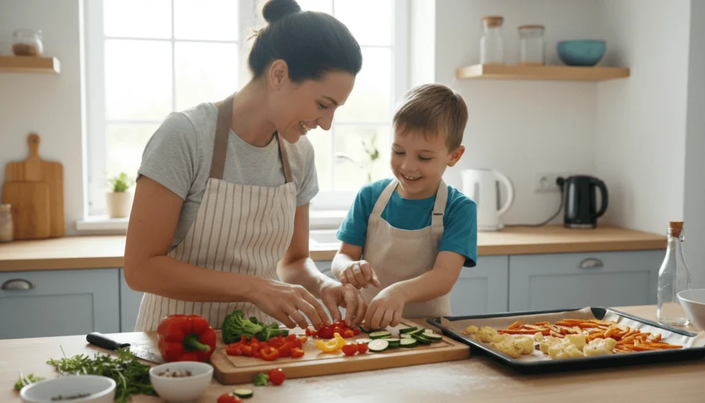 Parent and child cooking healthy baked snacks to reduce fried food intake in children.