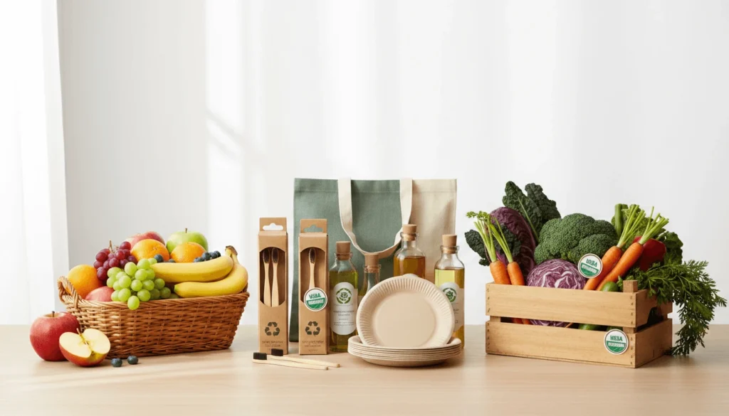 natural food basket with fruits, eco-friendly products with recyclable packaging, organic vegetables with certification labels,