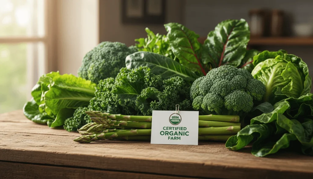 Fresh organic vegetables with visible organic certification tag