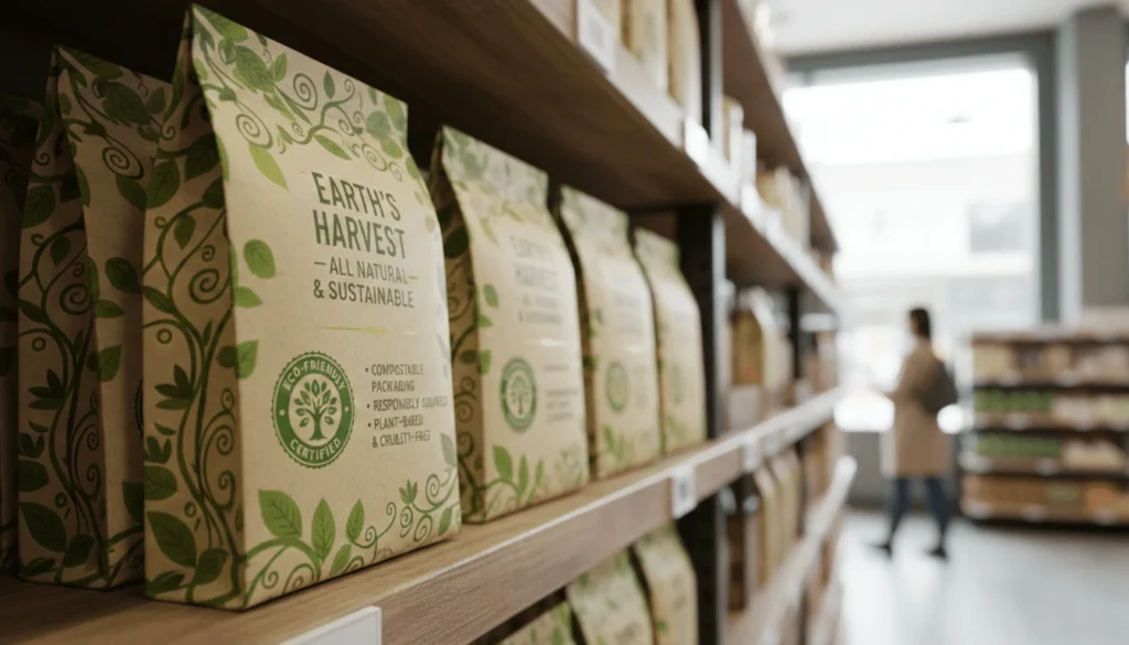 Product packaging with green leaves design and eco claims in store aisle