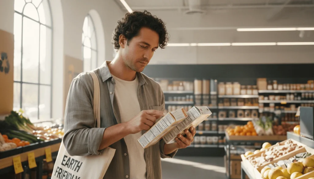Conscious consumer reading product label bio natural in supermarket