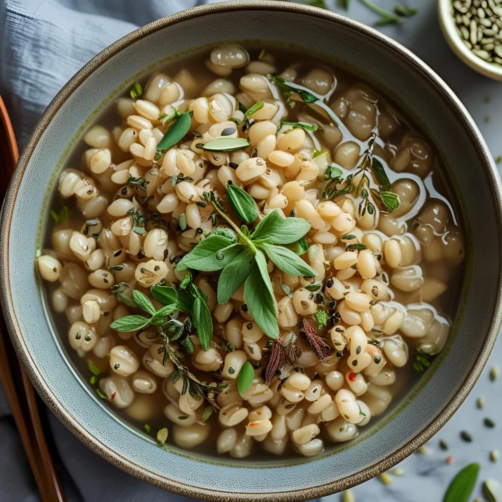 bowl of steamed barley, flavored with herbs and seeds