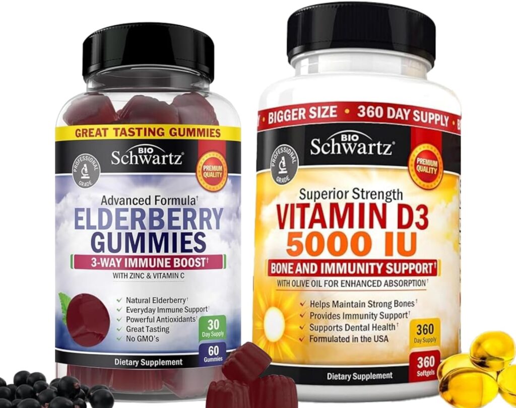 Top Trending Immune-Boosting Supplements on Amazon in 2025 BioSchwartz Elderberry Gummies with Zinc and Vitamin C for Adults Immune Support (1 Month Supply) Plus High Strength Vitamin D3 5000 IU 125 mcg (1 Year Supply)