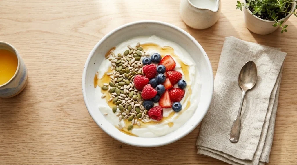 Yogurt bowl topped with pumpkin seeds and sunflower seeds as a daily beauty nutrition habit for skin and hair