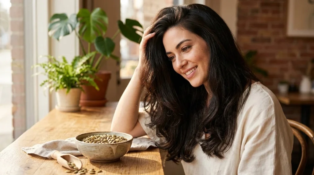Woman with healthy shiny hair beside bowl of pumpkin seeds rich in zinc and minerals for hair growth
