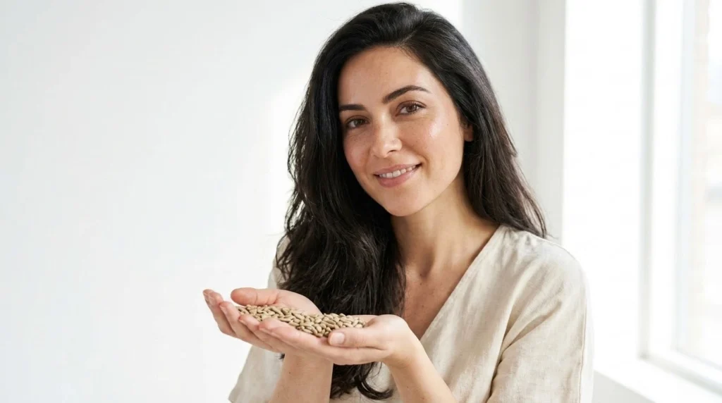 Woman with glowing radiant skin holding sunflower seeds rich in vitamin E antioxidants for skin health