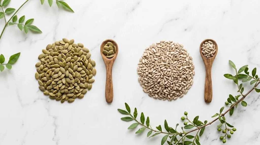 Pumpkin seeds and sunflower seeds side by side on marble surface for skin and hair beauty nutrition comparison